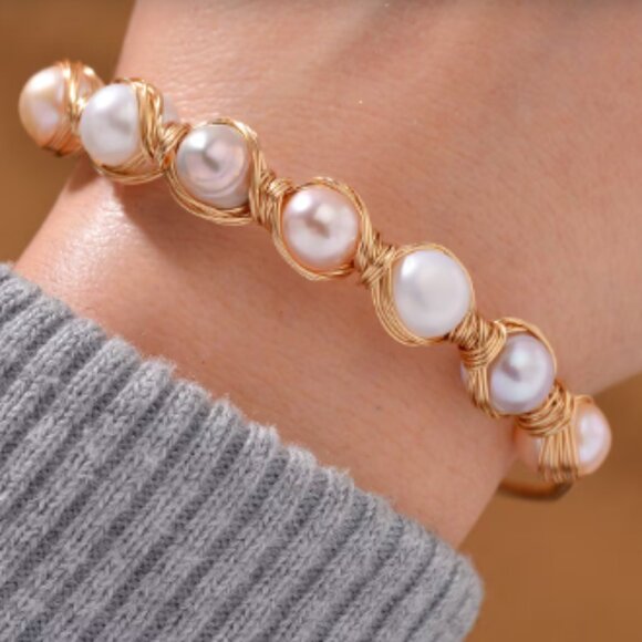Multi Color Freshwater Pearl Bangle Bracelet in Goldtone (Adjustable) - Picture 4 of 5